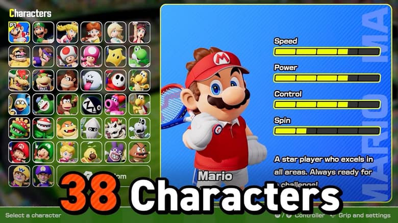 Écran de sélection des personnages de Mario Tennis Fever, avec la grille des 38 combattants et la fiche de Mario