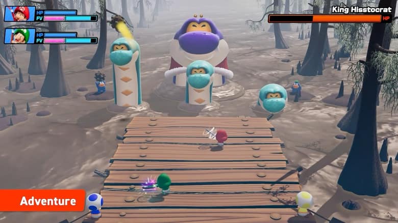 Bébé Mario et Bébé Luigi affrontent un boss serpent couronné sur un ponton dans un marais