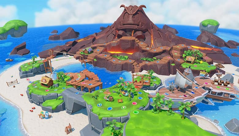 Vue aérienne de l'Île Goomba : une île tropicale avec un volcan au centre, des plages et un port