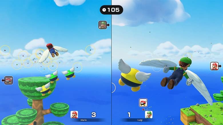 Écran partagé : Mario et Luigi volent au-dessus de la mer avec des ailes de Paratroopa