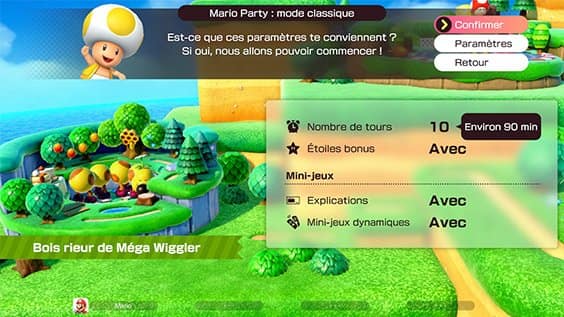 Écran de réglage d'une partie de Mario Party en mode classique sur le Bois rieur de Méga Wiggler : 10 tours, environ 90 minutes