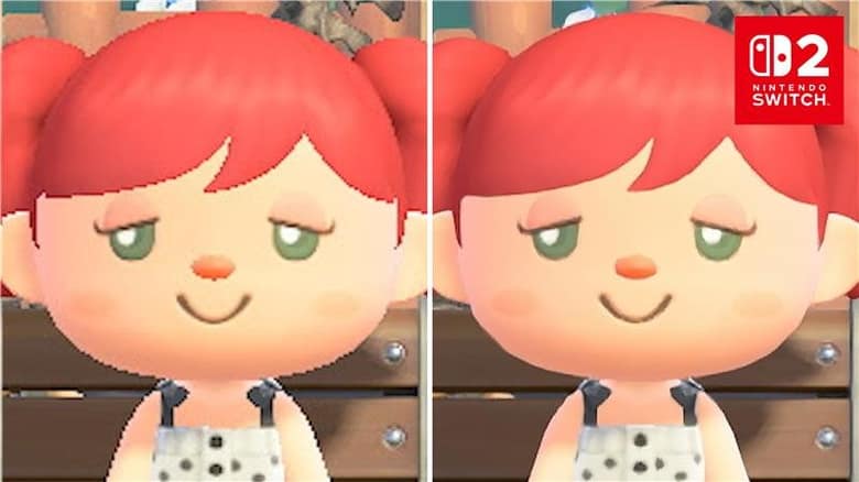 Visage d'un personnage d'Animal Crossing comparé côte à côte : contours pixelisés à gauche, contours nets à droite avec le logo Nintendo Switch 2