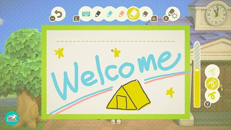 Panneau d'annonces d'Animal Crossing avec le mot Welcome et une tente jaune dessinés à main levée