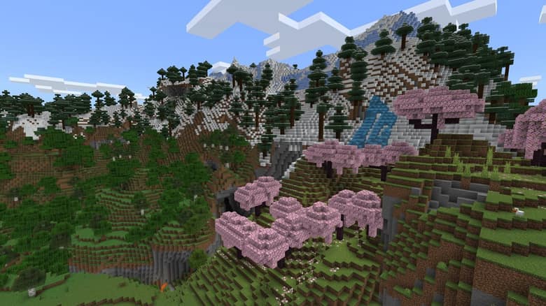 Paysage de montagne enneigée avec des forêts de sapins et des cerisiers roses au premier plan