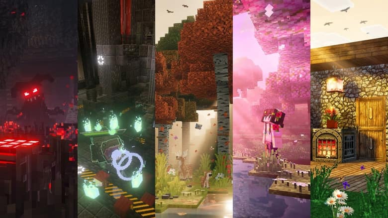 Cinq scènes côte à côte éclairées par Vibrant Visuals : créature aux yeux rouges, salle industrielle aux flammes vertes, forêt d'automne, cerisier rose et maison en pierre
