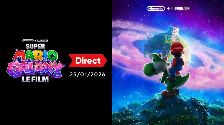 Mario sur le dos de Yoshi contemple le Royaume Champignon sous un ciel étoilé, à côté du logo Super Mario Galaxy Le Film et de la mention Direct 25/01/2026