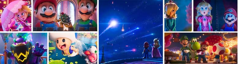 Mosaïque de huit scènes du film : Peach avec son ombrelle, Mario et Luigi face à Bowser miniature, Bowser Jr., Toad, une pluie de comètes, Harmonie, Peach et Mario surpris, Luigi, Yoshi et Mario à une fête
