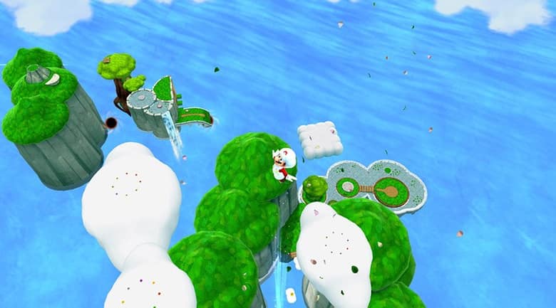 Mario nuage au sommet d'une colonne couverte de végétation, entouré de nuages flottants