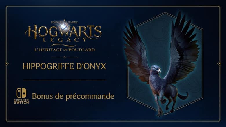 Visuel officiel de l'Hippogriffe d'Onyx, un hippogriffe noir aux ailes déployées, présenté comme bonus de précommande sur Nintendo Switch