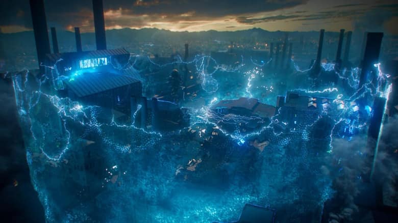 Vue en hauteur d'une ville au crépuscule, parcourue par une énergie bleue électrique