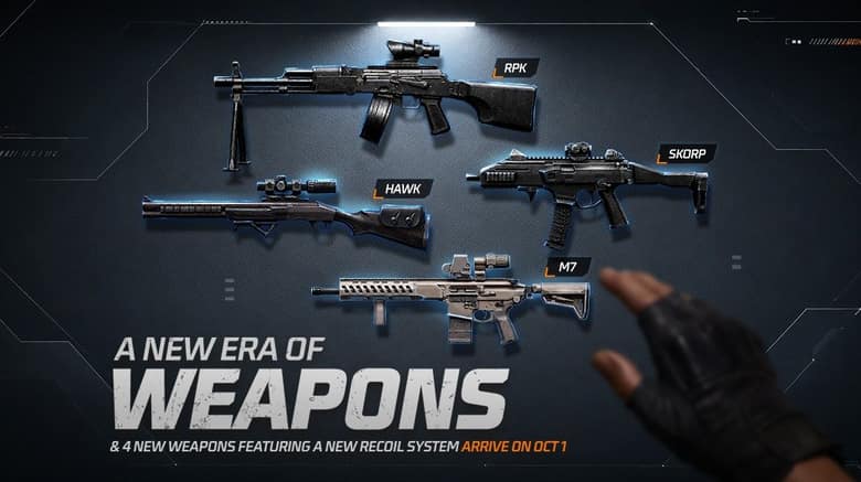 Quatre armes posées sur fond sombre, le M7, le Skorp, la RPK et le Hawk, sous le titre « A new era of weapons »