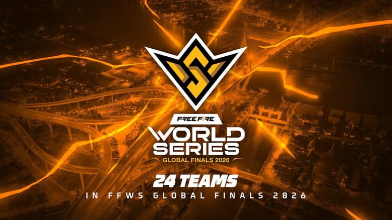Logo de la Free Fire World Series sur fond orange, avec la mention « 24 teams in FFWS Global Finals 2026 »