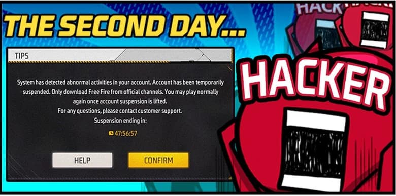 Message en jeu annonçant la suspension temporaire d'un compte Free Fire pour activité anormale, avec un compte à rebours