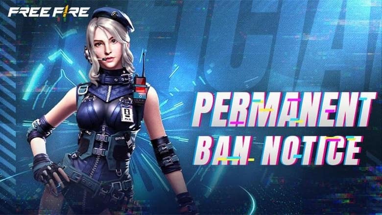 Visuel officiel « Permanent Ban Notice » de Free Fire, avec un personnage du jeu en uniforme et béret