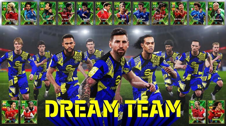 Visuel officiel Dream Team montrant des légendes du football et des cartes de joueurs notées de 98 à 100