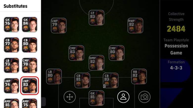 Écran du Plan de jeu avec une formation en 4-3-3 et la liste des remplaçants