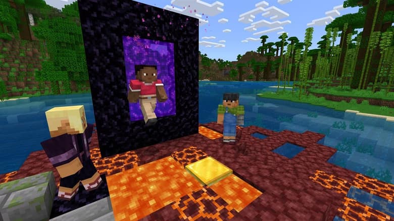 Trois joueurs devant un portail du Nether au bord d'une rivière dans la jungle