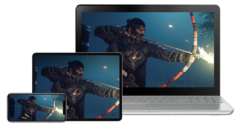 Un même jeu PlayStation affiché sur un téléphone, une tablette et un ordinateur portable