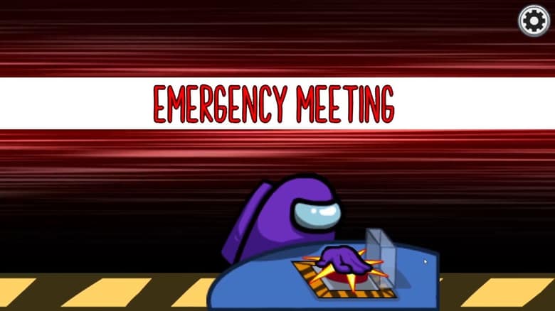 Écran « Emergency Meeting » d'Among Us : un équipier violet appuie sur le bouton d'urgence
