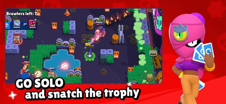Partie de Showdown en solo dans Brawl Stars : plusieurs Brawlers s'affrontent dans une arène avec un compteur de joueurs restants