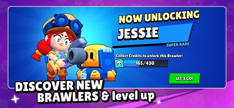 Écran de Brawl Stars indiquant le déblocage de Jessie, Brawler Super Rare, avec une jauge de Crédits à 165 sur 430