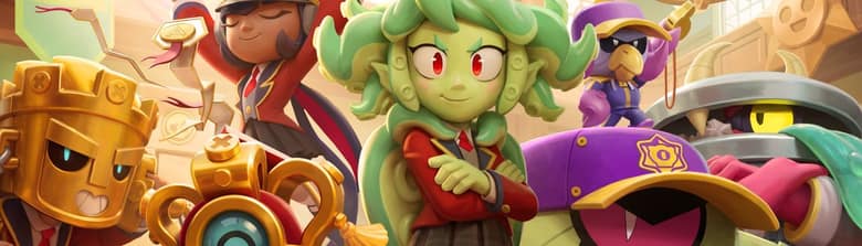 Visuel de la saison Royal Academy de Brawl Stars : plusieurs Brawlers en uniforme d'école dans un grand hall aux fenêtres en arc