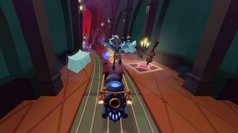 Partie de Subway Surfers en Transylvanie : un personnage aux ailes de chauve-souris court sur un train dans une salle de château