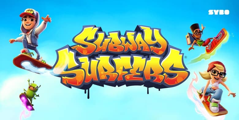 Jake, Tricky, Fresh et un personnage en costume vert sur leurs planches autour du logo de Subway Surfers