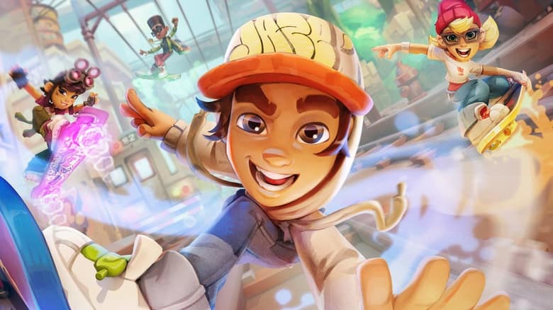 Jake et ses amis filent sur leurs planches dans une rue de Subway City