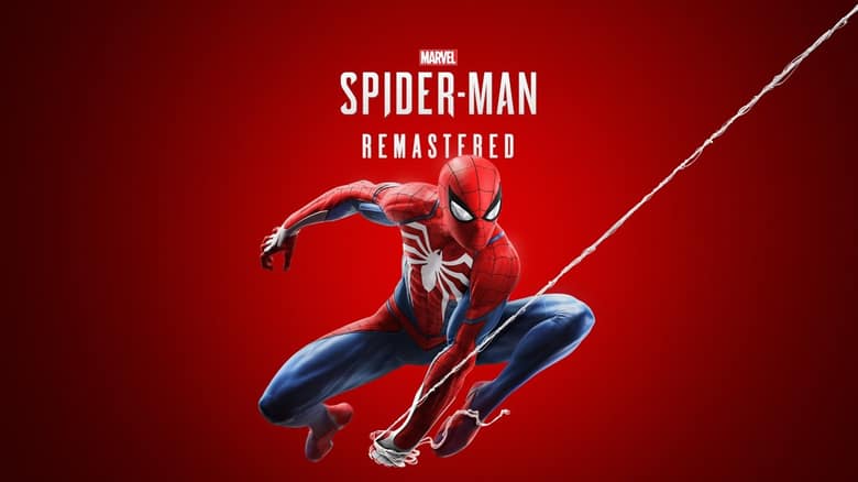 Spider-Man en costume rouge et bleu suspendu à un fil de toile, sous le titre Spider-Man Remastered