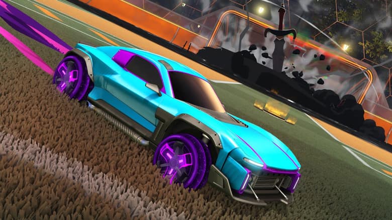 Une voiture bleue à jantes violettes avec ses effets de boost sur le terrain