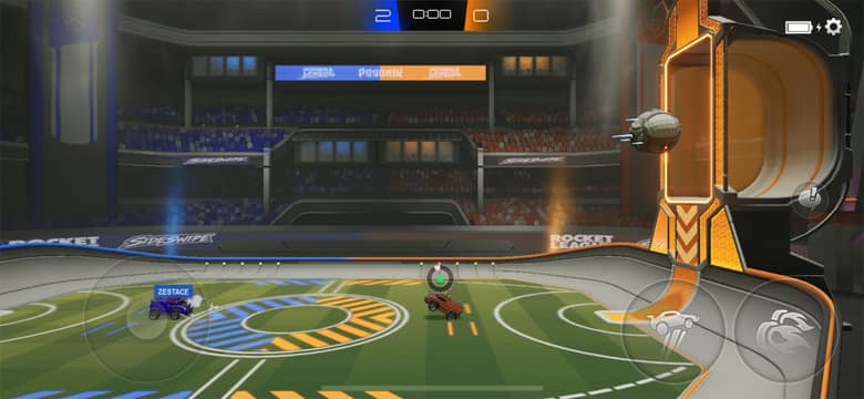 Un match de Rocket League Sideswipe vu de côté, avec les commandes tactiles