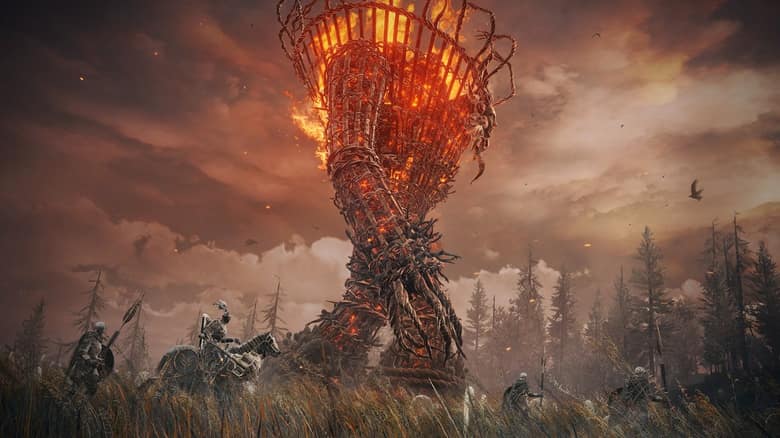 Une immense tour en flammes au-dessus d'une plaine, avec un cavalier et des soldats au premier plan