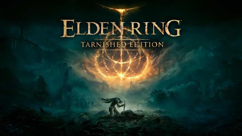 Un chevalier agenouillé sous le symbole doré de l'Elden Ring, sous le titre Elden Ring Tarnished Edition