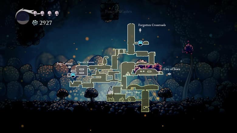 Carte de Hallownest dans Hollow Knight : les Fungal Wastes avec les accès vers Forgotten Crossroads, Fog Canyon et City of Tears
