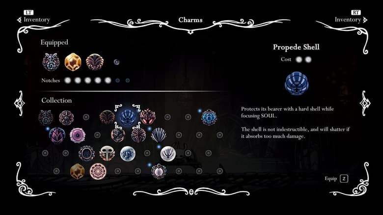 Écran des charmes de Hollow Knight : les charmes équipés, les encoches et la description du charme Propede Shell