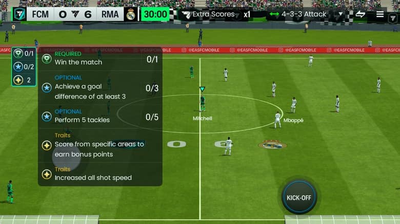 Match de FC Mobile en mode Défi, avec la liste des objectifs à gauche : gagner le match, marquer avec trois buts d'écart, réussir cinq tacles
