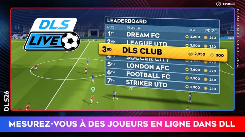 Classement de Dream League Live affiché sur un match en cours, avec le club du joueur à la troisième place