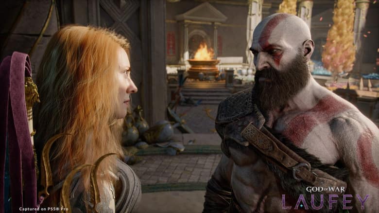 Faye et Kratos se font face dans une salle éclairée par un brasier