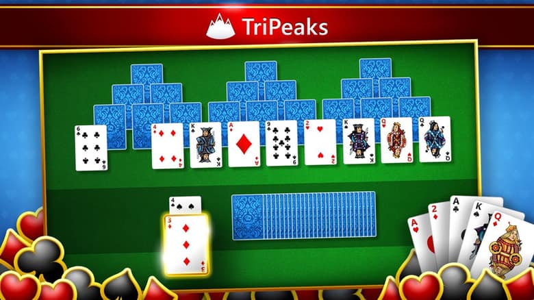 Partie de TriPeaks dans Microsoft Solitaire Collection avec trois pics de cartes