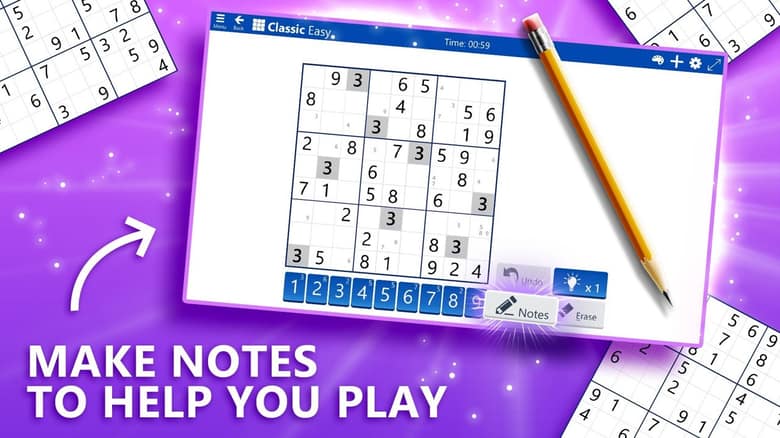Grille de Microsoft Sudoku avec des notes de candidats dans les cases et le bouton Notes