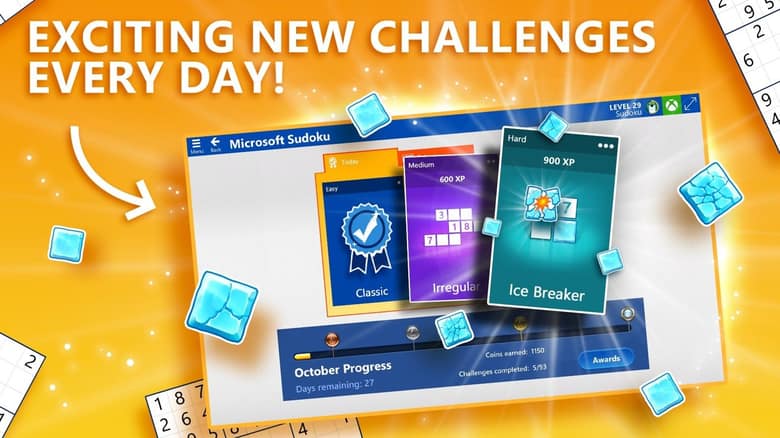 Écran des défis du jour de Microsoft Sudoku avec les modes Classique, Irrégulier et Brise-glace