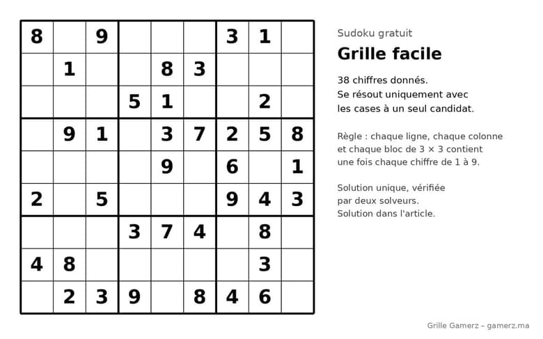 Grille de sudoku facile à imprimer avec 38 chiffres donnés