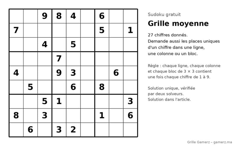 Grille de sudoku moyenne à imprimer avec 27 chiffres donnés