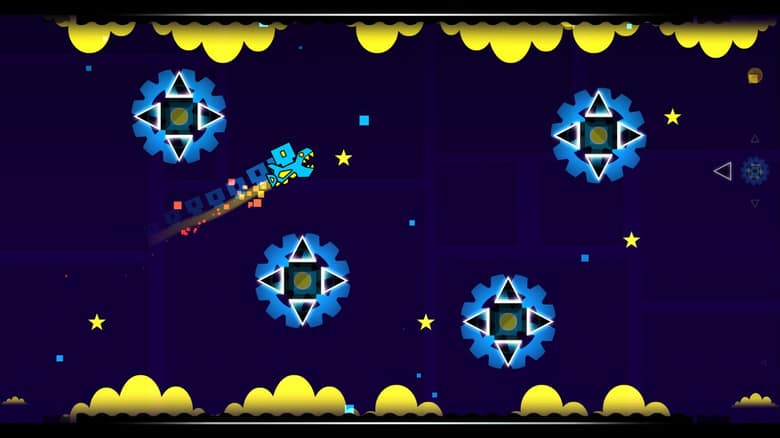Le vaisseau bleu de Geometry Dash passe entre des scies circulaires dans un niveau violet et jaune