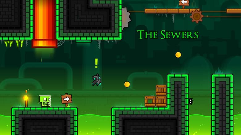 Niveau The Sewers de la tour Platformer de Geometry Dash, avec des tuyaux verts et des caisses