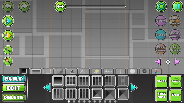 Interface de l'éditeur de niveaux de Geometry Dash avec les boutons Build, Edit et Delete