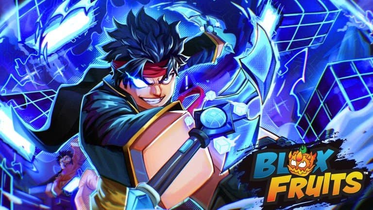 Illustration officielle de Blox Fruits : un personnage au bandeau rouge entouré d'éclairs bleus et d'éclats de glace