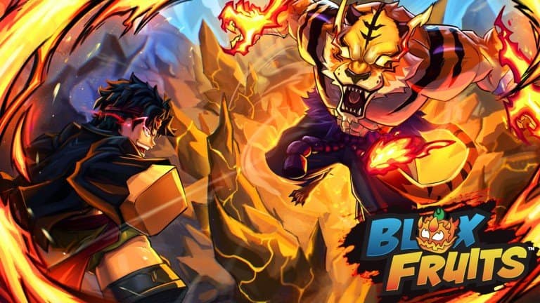 Illustration officielle de Blox Fruits : un combattant face à un tigre enflammé