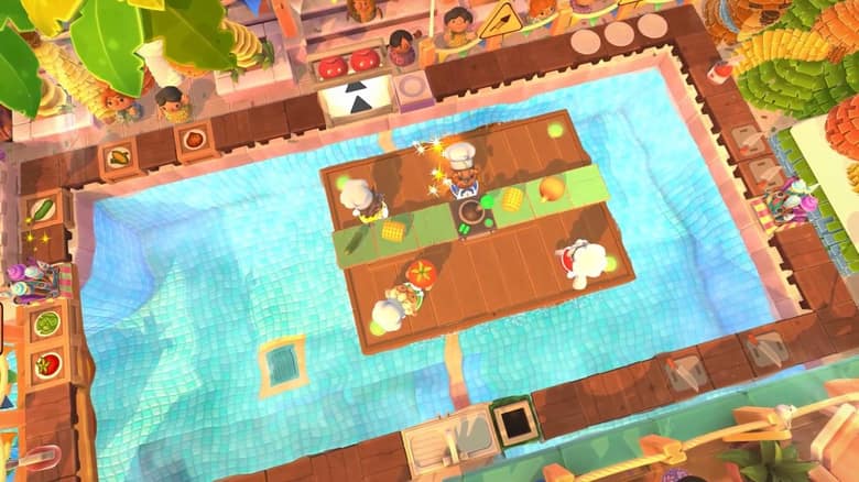 Vue du dessus d'une cuisine d'Overcooked! 2 installée sur des plateformes au milieu d'une piscine